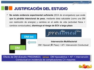JUSTIFICACIÓN DEL ESTUDIOJUSTIFICACIÓN DEL ESTUDIO
DM
DM-Int
 No existe evidencia experimental suficiente (ECA de envergadura) que avale
que la pérdida intencional de peso, mediante dieta saludable (como una DM
con restricción de energía) y cambios en el estilo de vida (actividad física +
cambios conductuales), disminuya el riesgo de ECV a largo plazo
Intervención Multifactorial
DM Hipocal ( Peso) + AF+ Intervención Conductual
Efecto de DM (Estudio PREDIMED) versus DM hipocalórica + AF + Intervención
Conductual en incidencia de complicaciones CV mayores
Efecto de DM (Estudio PREDIMED) versus DM hipocalórica + AF + Intervención
Conductual en incidencia de complicaciones CV mayores
 