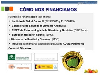 CÓMO NOS FINANCIAMOSCÓMO NOS FINANCIAMOS
Fuentes de Financiación (por ahora):
 Instituto de Salud Carlos III (PI13/00673 y PI16/00473).
 Consejería de Salud de la Junta de Andalucía.
 CIBER de Fisiopatología de la Obesidad y Nutrición (CIBERobn).
 European Research Council (ERC).
 Ministerio de Sanidad y Consumo (MSC).
 Industria Alimentaria: aportación gratuita de AOVE: Patrimonio
Comunal Olivarero.
Centro de Investigación Biomédica En Red
Fisiopatología de la Obesidad y Nutrición
Centro de Investigación Biomédica En Red
Fisiopatología de la Obesidad y Nutrición
 