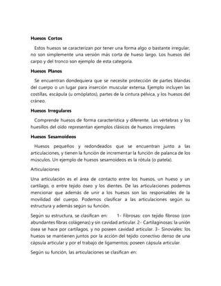 Huesos Cortos
Estos huesos se caracterizan por tener una forma algo o bastante irregular,
no son simplemente una versión más corta de hueso largo. Los huesos del
carpo y del tronco son ejemplo de esta categoría.
Huesos Planos
Se encuentran dondequiera que se necesite protección de partes blandas
del cuerpo o un lugar para inserción muscular extensa. Ejemplo incluyen las
costillas, escápula (u omóplatos), partes de la cintura pélvica, y los huesos del
cráneo.
Huesos Irregulares
Comprende huesos de forma característica y diferente. Las vértebras y los
huesillos del oído representan ejemplos clásicos de huesos irregulares
Huesos Sesamoideos
Huesos pequeños y redondeados que se encuentran junto a las
articulaciones, y tienen la función de incrementar la función de palanca de los
músculos. Un ejemplo de huesos sesamoideos es la rótula (o patela).
Articulaciones
Una articulación es el área de contacto entre los huesos, un hueso y un
cartílago, o entre tejido óseo y los dientes. De las articulaciones podemos
mencionar que además de unir a los huesos son las responsables de la
movilidad del cuerpo. Podemos clasificar a las articulaciones según su
estructura y además según su función.
Según su estructura, se clasifican en: 1- Fibrosas: con tejido fibroso (con
abundantes fibras colágenas) y sin cavidad articular. 2- Cartilaginosas: la unión
ósea se hace por cartílagos, y no poseen cavidad articular. 3- Sinoviales: los
huesos se mantienen juntos por la acción del tejido conectivo denso de una
cápsula articular y por el trabajo de ligamentos; poseen cápsula articular.
Según su función, las articulaciones se clasifican en:
 