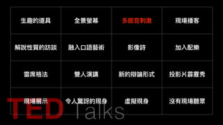 ⽣生趣的道具 全景螢幕 多感官刺刺激 現場播客
解說性質的訪談 融入⼝口語藝術 影像詩 加入配樂
雷席格法 雙⼈人演講 新的辯論形式 投影片霹靂秀
現場展⽰示 令⼈人驚訝的現⾝身 虛擬現⾝身 沒有現場聽眾
 