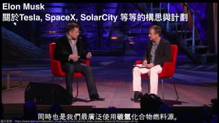 圖片來來源：https://www.ted.com/talks/elon_musk_the_mind_behind_tesla_spacex_solarcity?language=zh-tw
Elon Musk
關於Tesla, SpaceX, SolarCity 等等的構思與計劃
 