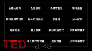 ⽣生趣的道具 全景螢幕 多感官刺刺激 現場播客
解說性質的訪談 融入⼝口語藝術 影像詩 加入配樂
雷席格法 雙⼈人演講 新的辯論形式 投影片霹靂秀
現場展⽰示 令⼈人驚訝的現⾝身 虛擬現⾝身 沒有現場聽眾
 