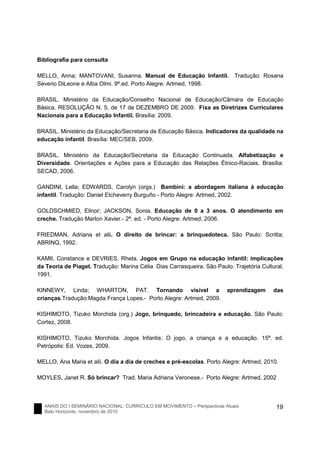 ANAIS DO I SEMINÁRIO NACIONAL: CURRÍCULO EM MOVIMENTO – Perspectivas Atuais
Belo Horizonte, novembro de 2010
19
Bibliografia para consulta
MELLO, Anna; MANTOVANI, Susanna. Manual de Educação Infantil. Tradução: Rosana
Severio DiLeone e Alba Olmi. 9ª.ed. Porto Alegre: Artmed, 1998.
BRASIL. Ministério da Educação/Conselho Nacional de Educação/Câmara de Educação
Básica. RESOLUÇÃO N. 5, de 17 de DEZEMBRO DE 2009. Fixa as Diretrizes Curriculares
Nacionais para a Educação Infantil. Brasília: 2009.
BRASIL. Ministério da Educação/Secretaria de Educação Básica. Indicadores da qualidade na
educação infantil. Brasília: MEC/SEB, 2009.
BRASIL. Ministério da Educação/Secretaria da Educação Continuada. Alfabetização e
Diversidade. Orientações e Ações para a Educação das Relações Étnico-Raciais. Brasília:
SECAD, 2006.
GANDINI, Lella; EDWARDS, Carolyn (orgs.) Bambini: a abordagem italiana à educação
infantil. Tradução: Daniel Etcheverry Burguño - Porto Alegre: Artmed, 2002.
GOLDSCHMIED, Elinor; JACKSON, Sonia. Educação de 0 a 3 anos. O atendimento em
creche. Tradução Marlon Xavier.- 2ª. ed. - Porto Alegre: Artmed, 2006.
FRIEDMAN, Adriana et alii. O direito de brincar: a brinquedoteca. São Paulo: Scritta;
ABRINQ, 1992.
KAMII, Constance e DEVRIES, Rheta. Jogos em Grupo na educação infantil: implicações
da Teoria de Piaget. Tradução: Marina Célia Dias Carrasqueira. São Paulo: Trajetória Cultural,
1991.
KINNEWY, Linda; WHARTON, PAT. Tornando visível a aprendizagem das
crianças.Tradução:Magda França Lopes.- Porto Alegre: Artmed, 2009.
KISHIMOTO, Tizuko Morchida (org.) Jogo, brinquedo, brincadeira e educação. São Paulo:
Cortez, 2008.
KISHIMOTO, Tizuko Morchida. Jogos Infantis: O jogo, a criança e a educação. 15ª. ed.
Petrópolis: Ed. Vozes, 2009.
MELLO, Ana Maria et alii. O dia a dia de creches e pré-escolas. Porto Alegre: Artmed, 2010.
MOYLES, Janet R. Só brincar? Trad. Maria Adriana Veronese.- Porto Alegre: Artmed, 2002
 