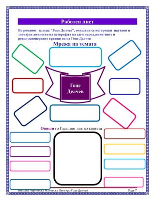 Билјана Чурлевска Маневска Лектира Гоце Делчев Page 7
Работен лист
Во романот за деца "Гоце Делчев‟, опишани се историски настани и
значајни личности од историјата на еден народ,животните и
револуционерните врвици на на Гоце Делчев
Мрежа на темата
Опиши го Главниот лик во книгата
Гоце
Делчев
 