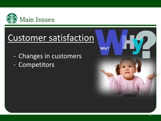 Customer satisfaction
- Changes in customers
- Competitors
10
 