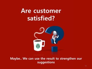 Are customer
satisfied?
Maybe.. We can use the result to strengthen our
suggestions
14
 