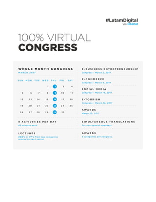 100% VIRTUAL
CONGRESS
vía Interlat
#LatamDigital
W H O L E M O N T H C O N G R E S S
M A R C H 2 0 1 7
1 2 3 4
5 6 7 8 9 1 0 1 1
1 2 1 3 1 4 1 5 16 1 7 1 8
1 9 2 0 2 1 2 2 23 2 4 2 5
2 6 2 7 2 8 2 9 30 3 1
S U N M O N T U E W E D T H U F R I S A T
E - B U S I N E S S E N T R E P R E N E U R S H I P
Congress - March 2, 2017
9 A C T I V I T I E S P E R D A Y
45 minutes eash.
L E C T U R E S
CEO’s or VP’s from top companies
related to each sector.
A W A R D S
5 categories per congress.
S I M U L T A N E O U S T R A N S L A T I O N S
For non-spanish speakers.
E - C O M M E R C E
Congress - March 9, 2017
S O C I A L M E D I A
Congress - March 16 , 2017
E - T O U R I S M
Congress - March 23, 2017
A W A R D S
March 30, 2017
 