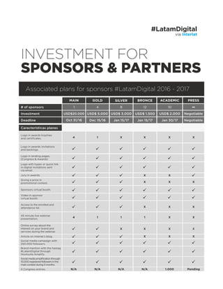 INVESTMENT FOR
SPONSORS & PARTNERS
vía Interlat
#LatamDigital
Associated plans for sponsors #LatamDigital 2016 - 2017
MAIN GOLD SILVER BRONCE ACADEMIC PRESS
1# of sponsors
Investment
Deadline
Características planes
Logo in awards trophies
and certiﬁcates.
Logo in awards invitations
and backings.
Logo with hyper or quick link
in digital invitations sent
via email.
Access to the enrolled and
attendance list.
45 minute live webinar
presentation.
Online survey about the
interest on your brand and
services during the webinar.
Logo in landing pages.
(Congress & Awards)
Giving a price in
promotional contest.
Sponsors virtual booth.
Video in sponsor
virtual booth.
Social media campaign with
250.000 followers.
Brand mention with the hastag
#LatamDigital through
Hootsuite Amplify.
Socialmediaampliﬁcationthrough
10.000 registered followersinthe
maincontestduring5months.
Jury in awards.
Article on Interlat’s blog.
4 Congress entries.
USD$20.000
Oct 31/16
USD$ 5.000
Dec 15/16
USD$ 3.000
Jan 15/17
USD$ 1.500
Jan 15/17
USD$ 2.000
Jan 30/17
Negotiable
Negotiable
4 8 12 10 ∞
4
4
1
1 1 1
N/A N/A N/A N/A 1.000 Pending
üü ü ü ü ü ü
ü ü ü ü ü ü
ü ü ü
ü ü ü
ü
ü
ü
ü ü ü
ü
ü
ü ü ü ü ü ü
ü ü ü ü ü ü
ü ü ü ü ü ü
ü ü
ü
ü ü ü ü ü
ü ü ü ü ü
ü ü
ü ü ü
ü
X X X X
X
X X X
X X X
X
X X X
XX X
X
X
X
 