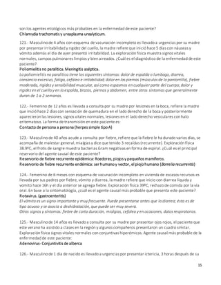15
son los agentes etiológicos más probables en la enfermedad de este paciente?
Chlamydia trachomatis y ureaplasma urealyticum.
121.- Masculino de 4 años con esquema de vacunación incompleto es llevado a urgencias por su madre
por presentar irritabilidad y rigidez del cuello, la madre refiere que inició hace 5 días con náuseas y
vómito además el día de ayer presentó irritabilidad. La exploración física muestra signos vitales
normales, campos pulmonares limpios y bien aireados. ¿Cuál es el diagnóstico de la enfermedad de este
paciente?
Poliomielitis no paralítica. Meningitis aséptica.
La poliomielitis no paralítica tiene los siguientes síntomas: dolor de espalda o lumbago, diarrea,
cansancio excesivo, fatiga, cefalea e irritabilidad; dolor en las piernas (músculos de la pantorrilla), fiebre
moderada, rigidez y sensibilidad muscular, así como espasmos en cualquier parte del cuerpo; dolor y
rigidez en el cuello y en la espalda, brazos, piernas y abdomen, entre otros síntomas que generalmente
duran de 1 a 2 semanas.
122.- Femenino de 12 años es llevada a consulta por su madre por lesiones en la boca, refiere la madre
que inició hace 2 días con sensación de quemadura en el lado derecho de la boca y posteriormente
aparecieron las lesiones, signos vitales normales, lesiones en el lado derecho vesiculares con halo
eritematoso. La forma de transmisión en este paciente es:
Contacto de persona a persona (herpes simple tipo A)
123.- Masculino de 40 años acude a consulta por fiebre, refiere que la fiebre le ha durado varios días, se
acompaña de malestar general,mialgias y dice que tenido 3 recaídas (recurrente). Exploración física
38.9ºC, el frotis de sangre muestra bacterias Gram negativas en forma de espiral. ¿Cuál es el principal
reservorio del agente causal de este paciente?
Reservorio de fiebre recurrente epidémica: Roedores,piojos y pequeños mamíferos.
Reservorio de fiebre recurrente endémica: ser humano y vector, el piojo humano (Borrelia recurrentis)
124.- Femenino de 6 meses con esquema de vacunación incompleto en vivienda de escasos recursos es
llevada por sus padres por fiebre, vómito y diarrea, la madre refiere que inicio con diarrea líquida y
vomito hace 16h y el día anterior se agrega fiebre. Exploración física 39ºC, rechazo de comida por la vía
oral. En base a la sintomatología, ¿cuál es el agente causal más probable que presenta este paciente?
Rotavirus. (gastroenteritis)
El vómito es un signo importante y muy frecuente. Puede presentarse antes que la diarrea; ésta es de
tipo acuoso y se asocia a deshidratación, que puede ser muy severa.
Otros signos y síntomas: fiebre de corta duración, mialgias, cefalea y en ocasiones, datos respiratorios.
125.- Masculino de 14 años es llevado a consulta por su madre por presentar ojos rojos, el paciente que
este verano ha asistido a clases en la región y algunos compañeros presentaron un cuadro similar.
Exploración física signos vitales normales con conjuntivas hiperémicas. Agente causal más probable de la
enfermedad de este paciente:
Adenovirus- Conjuntivitis de alberca
126.- Masculino de 1 día de nacido es llevado a urgencias por presentar ictericia, 3 horas después de su
 