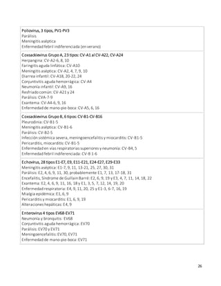 26
Poliovirus, 3 tipos, PV1-PV3
Parálisis
Meningitis aséptica
Enfermedad febril indiferenciada (en verano)
Coxsackievirus Grupo A, 23 tipos: CV-A1 al CV-A22, CV-A24
Herpangina: CV-A2-6, 8, 10
Faringitis aguda linfática: CV-A10
Meningitis aséptica: CV-A2, 4, 7, 9, 10
Diarrea infantil: CV-A18, 20-22, 24
Conjuntivitis aguda hemorrágica: CV-A4
Neumonía infantil: CV-A9, 16
Resfriado común: CV-A21 y 24
Parálisis: CVA-7-9
Exantema: CV-A4-6, 9, 16
Enfermedad de mano-pie-boca: CV-A5, 6, 16
Coxsackievirus Grupo B, 6 tipos: CV-B1-CV-B16
Pleurodinia: CV-B1-5
Meningitis aséptica: CV-B1-6
Parálisis: CV-B2-5
Infección sistémica severa, meningoencefalitis y miocarditis: CV-B1-5
Pericarditis, miocarditis: CV-B1-5
Enfermedad en vías respiratorias superiores y neumonía: CV-B4, 5
Enfermedad febril indiferenciada: CV-B 1-6
Echovirus, 28 tipos E1-E7, E9, E11-E21, E24-E27, E29-E33
Meningitis aséptica: E1-7, 9, 11, 13-21, 25, 27, 30, 31
Parálisis: E2, 4, 6, 9, 11, 30, probablemente E1, 7, 13, 17-18, 31
Encefalitis, Síndrome de Guillain Barré: E2, 6, 9, 19 y E3, 4, 7, 11, 14, 18, 22
Exantema: E2, 4, 6, 9, 11, 16, 18 y E1, 3, 5, 7, 12, 14, 19, 20
Enfermedad respiratoria: E4, 9, 11, 20, 25 y E1-3, 6-7, 16, 19
Mialgia epidémica: E1, 6, 9
Pericarditis y miocarditis: E1, 6, 9, 19
Alteraciones hepáticas: E4, 9
Enterovirus 4 tipos EV68-EV71
Neumonía y bronquitis: EV68
Conjuntivitis aguda hemorrágica: EV70
Parálisis: EV70 y EV71
Meningoencefalitis: EV70, EV71
Enfermedad de mano-pie-boca: EV71
 