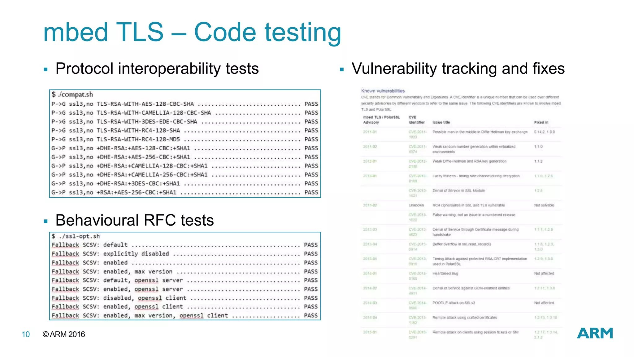 ©ARM 201610
mbed TLS – Code testing
 Protocol interoperability tests
 Behavioural RFC tests
 Vulnerability tracking and fixes
 