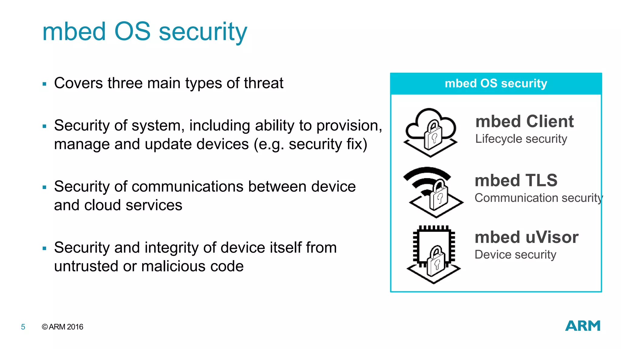 ©ARM 20165
mbed OS security
 Covers three main types of threat
 Security of system, including ability to provision,
manage and update devices (e.g. security fix)
 Security of communications between device
and cloud services
 Security and integrity of device itself from
untrusted or malicious code
mbed Client
Lifecycle security
mbed TLS
Communication security
mbed uVisor
Device security
mbed OS security
 