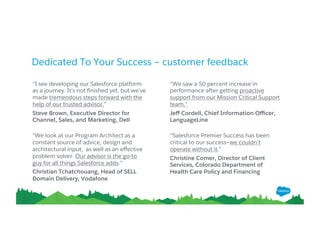 Dedicated To Your Success – customer feedback
“I see developing our Salesforce platform
as a journey. It’s not ﬁnished yet, but we’ve
made tremendous steps forward with the
help of our trusted advisor.”
Steve Brown, Executive Director for
Channel, Sales, and Marketing, Dell
“We look at our Program Architect as a
constant source of advice, design and
architectural input,  as well as an eﬀective
problem solver. Our advisor is the go-to
guy for all things Salesforce adds.”
Christian Tchatchouang, Head of SELL
Domain Delivery, Vodafone
“We saw a 50 percent increase in
performance after getting proactive
support from our Mission Critical Support
team.”
Jeﬀ Cordell, Chief Information Oﬃcer,
LanguageLine
  
“Salesforce Premier Success has been
critical to our success—we couldn’t
operate without it.”
Christine Comer, Director of Client
Services, Colorado Department of
Health Care Policy and Financing
 
 