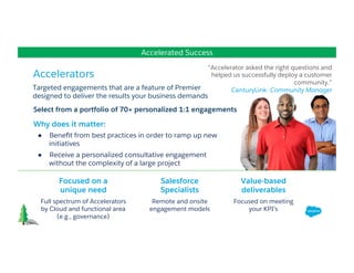  
Accelerated Success
Targeted engagements that are a feature of Premier
designed to deliver the results your business demands
Why does it matter:
●  Beneﬁt from best practices in order to ramp up new
initiatives
●  Receive a personalized consultative engagement
without the complexity of a large project
“Accelerator asked the right questions and
helped us successfully deploy a customer
community.”
CenturyLink- Community Manager
Select from a portfolio of 70+ personalized 1:1 engagements
Accelerators
Salesforce
Specialists
Remote and onsite
engagement models
Focused on a
unique need
Full spectrum of Accelerators
by Cloud and functional area
(e.g., governance)
Value-based
deliverables
Focused on meeting
your KPI’s
 