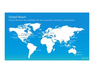 Global Reach
Cloud Services are available for your business. Anytime, everywhere.
Sao Paulo
Sydney
Melbourne
Mexico City
MadridSan Francisco
Bay area
Portland
Chicago Toronto
Fredericton
Indianapolis
Des Moines
Krakow
Munich
London
Paris
Dublin Berlin
Budapest
RomeNew York
Noida
Hyderabad
Pune Manila
Tokyo
Singapore
Hong Kong
 