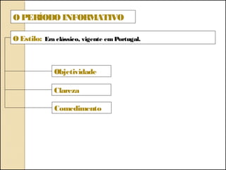 Objetividade
OPERÍODO INFORMATIVO
OEstilo: Era clássico, vigente emPortugal.
Clareza
Comedimento
 
