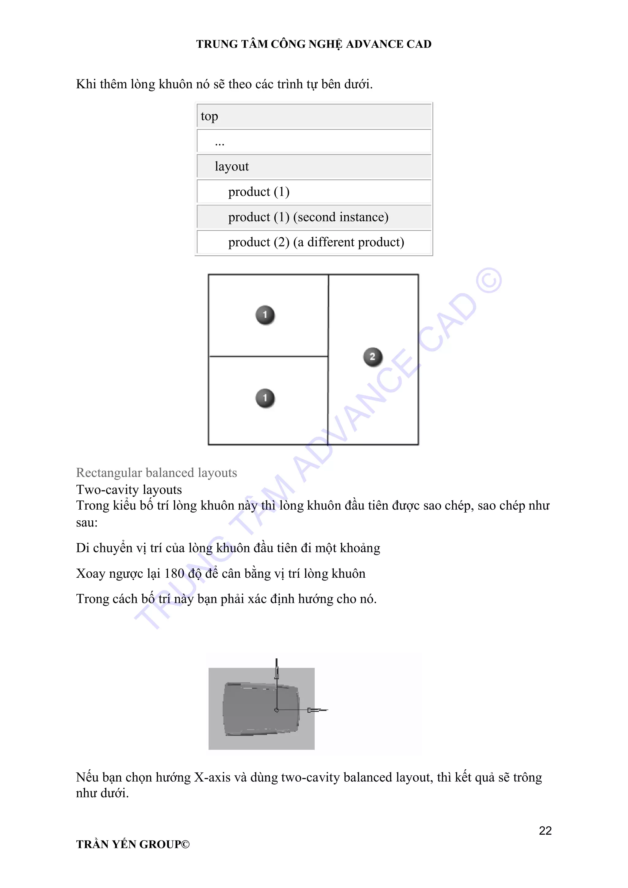 TRUNG TÂM CÔNG NGHỆ ADVANCE CAD
22
TRẦN YẾN GROUP©
Khi thêm lòng khuôn nó sẽ theo các trình tự bên dưới.
top
...
layout
product (1)
product (1) (second instance)
product (2) (a different product)
Rectangular balanced layouts
Two-cavity layouts
Trong kiểu bố trí lòng khuôn này thì lòng khuôn đầu tiên được sao chép, sao chép như
sau:
Di chuyển vị trí của lòng khuôn đầu tiên đi một khoảng
Xoay ngược lại 180 độ để cân bằng vị trí lòng khuôn
Trong cách bố trí này bạn phải xác định hướng cho nó.
Nếu bạn chọn hướng X-axis và dùng two-cavity balanced layout, thì kết quả sẽ trông
như dưới.
TR
U
N
G
TÂM
AD
VAN
C
E
C
AD
©
 