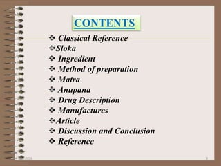 24-Dec-2016 3
 Classical Reference
Sloka
 Ingredient
 Method of preparation
 Matra
 Anupana
 Drug Description
 Manufactures
Article
 Discussion and Conclusion
 Reference
CONTENTS
 