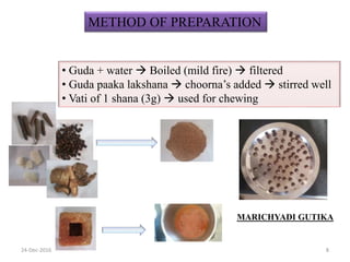 METHOD OF PREPARATION
• Guda + water  Boiled (mild fire)  filtered
• Guda paaka lakshana  choorna’s added  stirred well
• Vati of 1 shana (3g)  used for chewing
MARICHYADI GUTIKA
24-Dec-2016 8
 