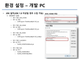 환경 설정 – 개발 PC
• JDK 설치(JDK 1.8 이상일 경우 스킵 가능)
 환경변수 설정
• 변수 이름: JAVA_HOME
• 변수 값 세팅
– C:Program FilesJavajdk1.8.0_xxx
• 변수 이름: JDK_HOME
• 변수 값 세팅
– C:Program FilesJavajdk1.8.0_xxx
• 변수 이름: JRE_HOME
• 변수 값 세팅
– C:Program FilesJavajdk1.8.0_xxxjre
• 변수 이름: CLASSPATH
• 변수 값 추가
– %JAVA_HOME%libtools.jar
• 변수 이름: Path
• 변수 값 추가
– %JAVA_HOME%bin
– %JAVA_HOME%jrebin
Path 편집
JAVA_HOME 편집
 