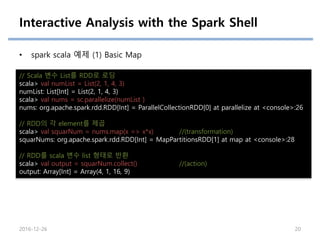 Interactive Analysis with the Spark Shell
• spark scala 예제 (1) Basic Map
// Scala 변수 List를 RDD로 로딩
scala> val numList = List(2, 1, 4, 3)
numList: List[Int] = List(2, 1, 4, 3)
scala> val nums = sc.parallelize(numList )
nums: org.apache.spark.rdd.RDD[Int] = ParallelCollectionRDD[0] at parallelize at <console>:26
// RDD의 각 element를 제곱
scala> val squarNum = nums.map(x => x*x) //(transformation)
squarNums: org.apache.spark.rdd.RDD[Int] = MapPartitionsRDD[1] at map at <console>:28
// RDD를 scala 변수 list 형태로 반환
scala> val output = squarNum.collect() //(action)
output: Array[Int] = Array(4, 1, 16, 9)
2016-12-26 20
 