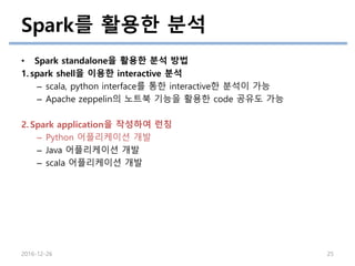 Spark를 활용한 분석
2016-12-26 25
• Spark standalone을 활용한 분석 방법
1. spark shell을 이용한 interactive 분석
– scala, python interface를 통한 interactive한 분석이 가능
– Apache zeppelin의 노트북 기능을 활용한 code 공유도 가능
2. Spark application을 작성하여 런칭
– Python 어플리케이션 개발
– Java 어플리케이션 개발
– scala 어플리케이션 개발
 