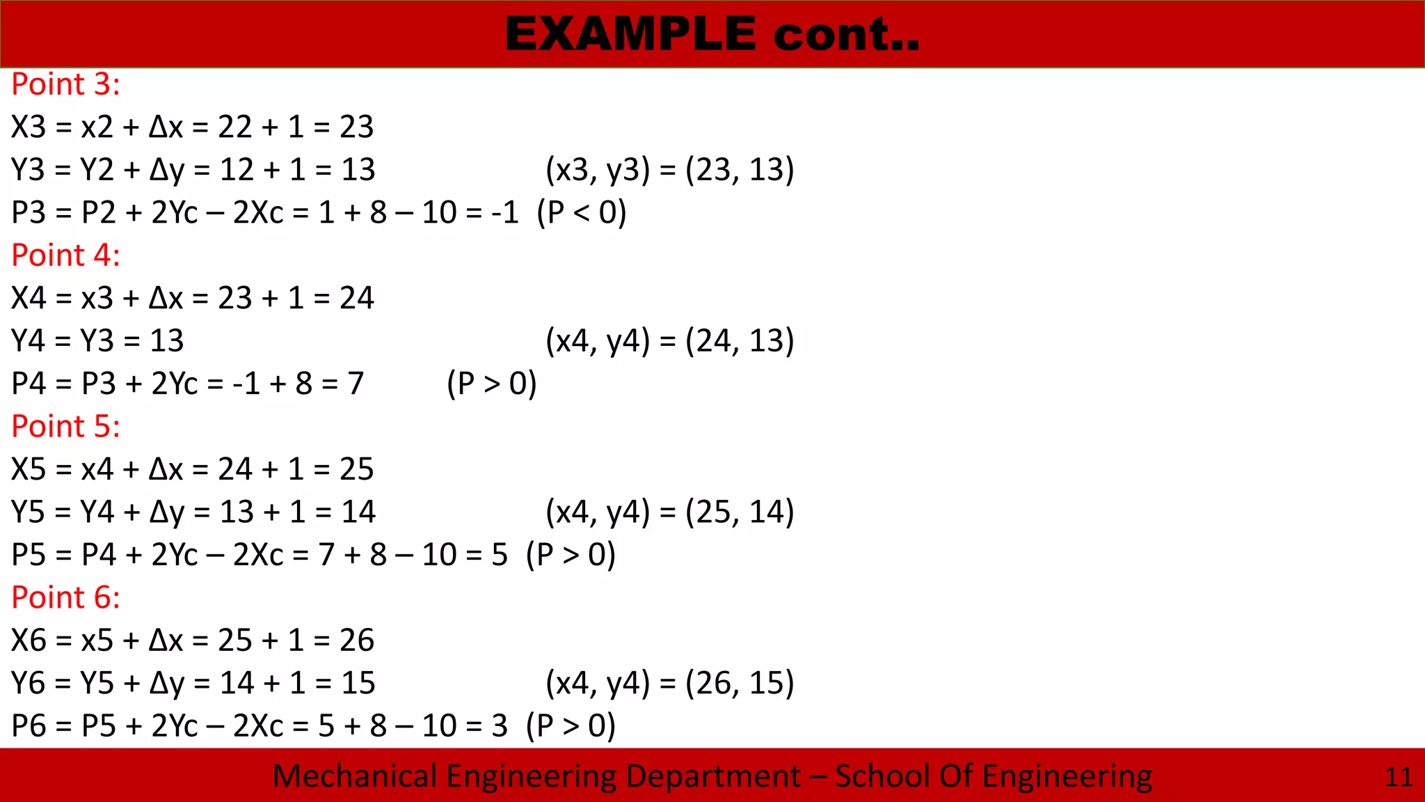 Mechanical Engineering Department – School Of Engineering
EXAMPLE cont..
11
Point 3:
X3 = x2 + Δx = 22 + 1 = 23
Y3 = Y2 + Δy = 12 + 1 = 13 (x3, y3) = (23, 13)
P3 = P2 + 2Yc – 2Xc = 1 + 8 – 10 = -1 (P < 0)
Point 4:
X4 = x3 + Δx = 23 + 1 = 24
Y4 = Y3 = 13 (x4, y4) = (24, 13)
P4 = P3 + 2Yc = -1 + 8 = 7 (P > 0)
Point 5:
X5 = x4 + Δx = 24 + 1 = 25
Y5 = Y4 + Δy = 13 + 1 = 14 (x4, y4) = (25, 14)
P5 = P4 + 2Yc – 2Xc = 7 + 8 – 10 = 5 (P > 0)
Point 6:
X6 = x5 + Δx = 25 + 1 = 26
Y6 = Y5 + Δy = 14 + 1 = 15 (x4, y4) = (26, 15)
P6 = P5 + 2Yc – 2Xc = 5 + 8 – 10 = 3 (P > 0)
 