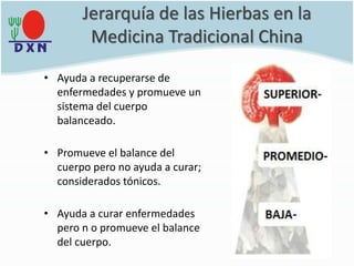 Jerarquía de las Hierbas en la
Medicina Tradicional China
• Ayuda a recuperarse de
enfermedades y promueve un
sistema del cuerpo
balanceado.
• Promueve el balance del
cuerpo pero no ayuda a curar;
considerados tónicos.
• Ayuda a curar enfermedades
pero n o promueve el balance
del cuerpo.
 