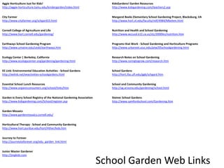 Aggie Horticulture Just for Kids!http://aggie-horticulture.tamu.edu/kindergarden/index.htmlCity Farmerhttp://www.cityfarmer.org/schgard15.htmlCornell College of Agriculture and Lifehttp://www.hort.cornell.edu/gardening/Earthways School Gardening Programhttp://www.umaine.edu/ceskl/earthways.htmEcology Center | Berkeley, Californiahttp://www.ecologycenter.org/gardening/gardening.htmlEE Link: Environmental Education Activities - School Gardenshttp://eelink.net/eeactivities-schoolgardens.htmlEssential School Lunch Resourceshttp://www.organicconsumers.org/school/links/htmGarden in Every School Registry of the National Gardening Associationhttp://www.kidsgardening.com/School/register.aspGarden Mosaicshttp://www.gardenmosaics.cornell.edu/Horticultural Therapy - School and Community Gardeninghttp://www.hort.purdue.edu/hort/Hther/kids.htmJourney to Foreverhttp://journeytoforever.org/edu_garden_link.htmlJunior Master Gardenerhttp://jmgkids.comKidsGardens! Garden Resourceshttp://www.kidsgardening.com/teachers2.aspMargaret Beeks Elementary School Gardening Project, Blacksburg, VAhttp://www.hort.vt.edu/faculty/relf/4984/Mbelem.htmlNutrition and Health and School Gardeninghttp://www.wccusd.k12.ca.us/stc/2000les/nutrition.htmPrograms that Work - School Gardening and Horticulture Programshttp://www.urbanext.uiuc.edu/ptw/05schoolgardening.htmlResearch Notes on School Gardeninghttp://www.raringtogrow.com/research.htmSchool Gardenshttp://hort.ifas.ufl.edu/ggk/schgard.htmSchool and Community Gardeninghttp://ag.arizona.edu/gardening/school.htmlSteiner School Gardenshttp://www.samfordschool.com/Gardening.htmSchool Garden Web Links