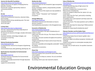 America the Beautiful Foundationhttp://www.america-the-beautiful.orgA great resource for all aspects of keeping America beautiful, includingfinancial aid, corporate sponsorship, hands-on community activities,etc. EE Linkhttp://www.eelink.netChock full of professional resources, classroom ideas, grant funding,and job listings for all you wandering souls. The most comprehensive EEsite on the web! IL Green Doorhttp://www.isbe.state.il.us/ilgreendoorThis site is sponsored by the Illinois State Board of Education and featuresEE resources for learners of all ages; includes information on careers,classroom activities, technology strategies, and connections to learningstandards. National Gardening Associationhttp://www.garden.orgA comprehensive resource for all aspects of gardening, includingenvironmental issues, kids’ gardening, planting tips, etc. North American Association for Environmental Educationhttp://www.naaee.orgThe North American Association for Environmental Education promotesa healthy, sustainable environment through education and providessupport for environmental Biodiversity Webhttp://www.biodiversity.nlA technical report for five ecosystems (agro-ecosystems, coastal areas,forests, freshwater systems, and grasslands); provides detailed, completeinformation. Three of the reports are now available to order or viewonline: “Forest,” “Grassland,” and “Freshwater” ecosystems. Chicago Wildernesshttp://www.chiwild.orgEducational resources and information on how to become involved inlocal biodiversity conservation in the Chicagoland area. Economics of Biodiversityhttp://www.biodiversityasia.orgIf you are interested in the topic of biodiversity as it relates to worldtrade issues, this site is for you. The mission of this site is “to influence,encourage, and assist societies throughout the world to conserve theintegrity and diversity of nature and to ensure that any use of naturalresources is equitable and ecologically sustainable”. Great for makingconnections to economics. Planet Palshttp://www.planetpals.com/thinkgreen.htmlClassroom projects from around the world reflect what some studentsare working on to help our universe. You can contribute to Planet Palsby sending a link to your own classroom projects. Value of Biodiversityhttp://www.nhm.ac.uk/science/projects/worldmap/diversity/index.htmlA world map defining areas of high concern for conservation leads to adiscussion of biodiversity in economic terms. Measurement of biodiversityvalues are needed to determine the 'where' of in situ conservationaction rather than the 'how', particularly in deciding which combinationsof available areas could represent and help sustain the most biodiversityvalue for the future. This raises questions such as What is biodiversity?What is the value basis for measuring it? What practical approaches areavailable for measuring this biodiversity value? Fibonacci Numbers and the Golden Ruleshttp://www.ee.surrey.ac.uk/Personal/R.Knott/Fibonacci/fib.htmlA fascinating study of one of nature’s golden rules – patterns repeatthemselves (albeit not without exception). Activities will challengestudents and teachers to contemplate everyday items and encountersthrough a lens of math and art. An excellent classroom resource.Environmental Education Groups
