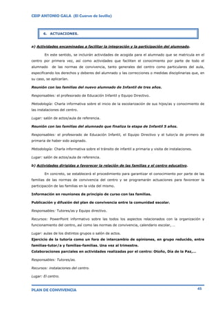 CEIP ANTONIO GALA (El Cuervo de Sevilla)
PLAN DE CONVIVENCIA 45
a) Actividades encaminadas a facilitar la integración y la participación del alumnado.
En este sentido, se incluirán actividades de acogida para el alumnado que se matricula en el
centro por primera vez, así como actividades que faciliten el conocimiento por parte de todo el
alumnado de las normas de convivencia, tanto generales del centro como particulares del aula,
especificando los derechos y deberes del alumnado y las correcciones o medidas disciplinarias que, en
su caso, se aplicarían.
Reunión con las familias del nuevo alumnado de Infantil de tres años.
Responsables: el profesorado de Educación Infantil y Equipo Directivo.
Metodología: Charla informativa sobre el inicio de la escolarización de sus hijos/as y conocimiento de
las instalaciones del centro.
Lugar: salón de actos/aula de referencia.
Reunión con las familias del alumnado que finaliza la etapa de Infantil 5 años.
Responsables: el profesorado de Educación Infantil, el Equipo Directivo y el tutor/a de primero de
primaria de haber sido asignado.
Metodología: Charla informativa sobre el tránsito de infantil a primaria y visita de instalaciones.
Lugar: salón de actos/aula de referencia.
b) Actividades dirigidas a favorecer la relación de las familias y el centro educativo.
En concreto, se establecerá el procedimiento para garantizar el conocimiento por parte de las
familias de las normas de convivencia del centro y se programarán actuaciones para favorecer la
participación de las familias en la vida del mismo.
Información en reuniones de principio de curso con las familias.
Publicación y difusión del plan de convivencia entre la comunidad escolar.
Responsables: Tutores/as y Equipo directivo.
Recursos: PowerPoint informativo sobre las todos los aspectos relacionados con la organización y
funcionamiento del centro, así como las normas de convivencia, calendario escolar, …
Lugar: aulas de los distintos grupos o salón de actos.
Ejercicio de la tutoría como un foro de intercambio de opiniones, en grupo reducido, entre
familias-tutor/a y familias-familias. Una vez al trimestre.
Colaboraciones parciales en actividades realizadas por el centro: Otoño, Día de la Paz,…
Responsables: Tutores/as.
Recursos: instalaciones del centro.
Lugar: El centro.
6. ACTUACIONES.
 