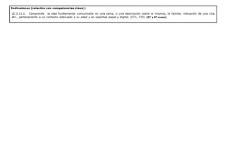 Indicadores (relación con competencias clave):
LE.3.11.1. Comprende la idea fundamental comunicada en una carta, o una descripción sobre sí mismos, la familia, indicación de una cita,
etc., perteneciente a un contexto adecuado a su edad y en soportes papel y digital. (CCL, CD). (5º y 6º curso)
 