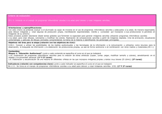 Criterio de evaluación:
CE.1.3. Iniciarse en el manejo de programas informáticos acordes a su edad para retocar y crear imágenes sencillas.
Orientaciones y ejemplificaciones:
Con este criterio se pretende evaluar si el alumnado es capaz de iniciarse en el uso de programas informáticos sencillos y adecuados a su edad, de manera responsable,
para retocar imágenes y crear algunas de producción propia, manifestando espontaneidad, interés y curiosidad por incorporar a sus producciones lo percibido en
imágenes de su entorno.
Estos procesos pueden abordarse desde tareas globales que fomenten la capacidad para generar imágenes sencillas utilizando programas informáticos acordes
a su edad, para crear dibujos, colorearlos y modificar los colores. Realización de composiciones sencillas a partir de imágenes digitales. Cine de animación, visualizando
cortometrajes y películas de dibujos animados comprendiendo la trama de la historia e identificando los personajes principales.
Objetivos del área para la etapa (relación con los objetivos de ciclo):
O.EA.1. Conocer y utilizar las posibilidades de los medios audiovisuales y las tecnologías de la información y la comunicación y utilizarlos como recursos para la
observación, la búsqueda de información y la elaboración de producciones propias, ya sea de forma autónoma o en combinación con otros medios y materiales.(OC.1.)
Contenidos:
Bloque 1: “Educación Audiovisual”: junto a cada contenido se especifica el curso en el que se trabajará.
1.10. Exploración de programas informáticos sencillos para la creación de obras artísticas (copiar, cortar, pegar, modificar tamaño y colores), sensibilizando en el
respeto a la privacidad personal. (1º Y 2º curso)
1.6. Elaboración y secuenciación de una historia en diferentes viñetas en las que incorpora imágenes propias y textos muy breves (El cómic). (2º curso)
Indicadores (relación con competencias clave): junto a cada indicador se especifica el curso en el que se trabajará.
EA.1.3.1. Se inicia en el manejo de programas informáticos acordes a su edad para retocar y crear imágenes sencillas. (CD). (1º Y 2º curso)
 