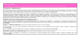 Criterio de evaluación:
CE.2.3. Emplear las tecnologías de la información y la comunicación de manera responsable para la búsqueda, creación y difusión de imágenes.
Orientaciones y ejemplificaciones.
En este criterio se evalúa si el alumnado es capaz de utilizar las tecnologías de la información y la comunicación, de manera responsable, como medio para buscar
información relevante sobre distintas imágenes fijas (pinturas, esculturas, fotografías) o en movimiento, para posteriormente crear sus propias producciones y difundir
dichas elaboraciones u otras imágenes fijas, conociendo las consecuencias que ello conlleva y asumiendo responsabilidades.
Estos procesos pueden abordarse desde tareas globales que desarrollen la capacidad para emplear las tecnologías de la información y la comunicación para la
búsqueda, creación y difusión de imágenes fijas. Buscar en internet imágenes digitales, seleccionarlas, copiarlas y pegarlas en otro documento para modificar su
tamaño posteriormente. Conocer los pasos básicos para la creación de una película de animación (idea, guion, elaboración de secuencias, sonorización, montajes…).
Taller de cine de animación donde se elabora un cómic o un story board (secuencia de viñetas) para un cortometraje de animación y películas como dibujo animado,
stop motion, stop trick, rotoscopia, según los tipos de cines de animación.
Objetivos del área para la etapa (relación con los objetivos de ciclo):
O.EA.1. Conocer y utilizar las posibilidades de los medios audiovisuales y las tecnologías de la información y la comunicación y utilizarlos como recursos para la
observación, la búsqueda de información y la elaboración de producciones propias, ya sea de forma autónoma o en combinación con otros medios y materiales.(OC.1.)
Contenidos:
Bloque 1: “Educación Audiovisual”: junto a cada contenido se especifica el curso en el que se trabajará.
1.10. Valoración y uso de las nuevas tecnologías de la información y comunicación de forma responsable para la búsqueda, creación y difusión de imágenes fijas.
(1º Y 2º curso)
1.12. Conocimiento sobre las consecuencias de la difusión de imágenes de personas sin su consentimiento. (1º Y 2º curso)
Indicadores (relación con competencias clave): junto a cada indicador se especifica el curso en el que se trabajará.
EA.2.3.1. Emplea las tecnologías de la información y la comunicación de manera responsable para la búsqueda, creación y difusión de imágenes fijas. (CD).
(1º Y 2º curso)
 