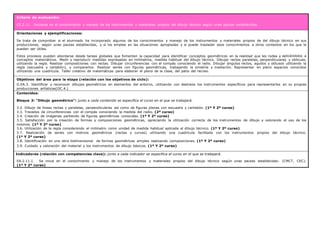 Criterio de evaluación:
CE.2.11. Iniciarse en el conocimiento y manejo de los instrumentos y materiales propios del dibujo técnico según unas pautas establecidas.
Orientaciones y ejemplificaciones:
Se trata de comprobar si el alumnado ha incorporado algunos de los conocimientos y manejo de los instrumentos y materiales propios de del dibujo técnico en sus
producciones, según unas pautas establecidas, y si los emplea en las situaciones apropiadas y si puede trasladar esos conocimientos a otros contextos en los que le
pueden ser útiles.
Estos procesos pueden abordarse desde tareas globales que fomenten la capacidad para identificar conceptos geométricos en la realidad que les rodea y aplicándolos a
conceptos matemáticos. Medir y reproducir medidas expresadas en milímetros, medida habitual del dibujo técnico. Dibujar rectas paralelas, perpendiculares y oblicuas,
utilizando la regla. Realizar composiciones con rectas. Dibujar circunferencias con el compás conociendo el radio. Dibujar ángulos rectos, agudos y obtusos utilizando la
regla (escuadra y cartabón), y compararlos. Realizar series con figuras geométricas, trabajando la simetría y traslación. Representar en plano espacios conocidos
utilizando una cuadrícula. Taller creativo de matemáticas para elaborar el plano de la clase, del patio del recreo.
Objetivos del área para la etapa (relación con los objetivos de ciclo):
O.EA.3. Identificar y reconocer dibujos geométricos en elementos del entorno, utilizando con destreza los instrumentos específicos para representarlos en su propias
producciones artísticas(OC.4.)
Contenidos:
Bloque 3: “Dibujo geométrico”: junto a cada contenido se especifica el curso en el que se trabajará.
3.2. Dibujo de líneas rectas y paralelas, perpendiculares así como de figuras planas con escuadra y cartabón. (1º Y 2º curso)
3.3. Trazados de circunferencias con el compás conociendo la medida del radio. (2º curso)
3.4. Creación de imágenes partiendo de figuras geométricas conocidas. (1º Y 2º curso)
3.5. Satisfacción por la creación de formas y composiciones geométricas, apreciando la utilización correcta de los instrumentos de dibujo y valorando el uso de los
mismos. (1º Y 2º curso)
3.6. Utilización de la regla considerando el milímetro como unidad de medida habitual aplicada al dibujo técnico. (1º Y 2º curso)
3.7. Realización de series con motivos geométricos (rectas y curvas) utilizando una cuadrícula facilitada con los instrumentos propios del dibujo técnico.
(1º Y 2º curso)
3.8. Identificación en una obra bidimensional de formas geométricas simples realizando composiciones. (1º Y 2º curso)
3.9. Cuidado y valoración del material y los instrumentos de dibujo básicos. (1º Y 2º curso)
Indicadores (relación con competencias clave): junto a cada indicador se especifica el curso en el que se trabajará.
EA.2.11.1. Se inicia en el conocimiento y manejo de los instrumentos y materiales propios del dibujo técnico según unas pautas establecidas. (CMCT, CEC).
(1º Y 2º curso)
 