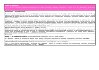 Criterio de evaluación:
CE.2.17. Buscar y seleccionar información bibliográfica en las TIC sobre compositores, intérpretes, instrumentos y eventos, con un uso responsable y seguro de los
mismos.
Orientaciones y ejemplificaciones:
Se trata de que el alumnado se sirva de recursos bibliográficos, de los medios de comunicación y de internet para obtener información que le sirva para planificar y
organizar visitas culturales, formular opiniones, así como para conocer e intercambiar informaciones que contribuyan a la formación personal y al disfrute. Se valorará
especialmente la adecuada selección de la información anterior como la relacionada con la de intérpretes, compositores, instrumentos y eventos; siempre y cuando
haga un uso responsable.
Estos procesos deben abordarse a través de tareas globales que impliquen buscar en diferentes fuentes de información acontecimientos en la historia de la música,
compositores e intérpretes, que permita seleccionar y tratar la información autónomamente con distintas fuentes y lenguaje específico (textual, numérico, icónico,
gráfico y sonoro) y que todo ello permita transformar la información en conocimiento mediante destrezas de razonamiento para organizarla, relacionarla, sintetizarla e
integrarla en sus propios esquemas de conocimiento, dando lugar a un aprendizaje significativo. Tareas que impliquen la evaluación y selección de nuevas fuentes de
información relacionadas con la música: buscadores, blog, correo electrónico, foros…
Objetivos del área para la etapa (relación con los objetivos de ciclo):
O.EA.1. Conocer y utilizar las posibilidades de los medios audiovisuales y las tecnologías de la información y la comunicación y utilizarlos como recursos para la
observación, la búsqueda de información y la elaboración de producciones propias, ya sea de forma autónoma o en combinación con otros medios y materiales.(OC.1.)
O.EA.2. Utilizar las posibilidades del sonido, la imagen y el movimiento como elementos de representación y comunicación para expresar ideas y sentimientos,
contribuyendo con ello al equilibrio afectivo y a la relación con los demás.(OC.3.)
Contenidos:
Bloque 5: “La interpretación musical”: junto a cada contenido se especifica el curso en el que se trabajará.
5.15. Búsqueda y selección de información en distintos medios impresos y tecnológicos relacionada con intérpretes, compositores e instrumentos. (2º curso)
Indicadores (relación con competencias clave): junto a cada indicador se especifica el curso en el que se trabajará.
EA.2.17.1. Utiliza distintos medios impresos y tecnológicos para la búsqueda y selección de información relacionada con distintas épocas, intérpretes, compositores,
instrumentos y eventos; con un uso responsable. (CD, CEC). (2º curso)
 