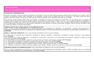 Criterio de evaluación:
CE.3.3. Aplicar las tecnologías de la información y la comunicación de manera responsable para la búsqueda, creación y difusión de imágenes fijas y en movimiento,
utilizándolas para la ilustración de sus propios trabajos.
Orientaciones y ejemplificaciones:
Se trata de comprobar el grado de autonomía alcanzado por el alumnado a la hora de utilizar algunas aplicaciones básicas para el tratamiento de la imagen y para la
creación de producciones propias, siendo responsable en sus búsquedas y difusión tanto de imágenes fijas como en movimiento, y de creación propia como ajena.
Además, este criterio evalúa si el alumno/a es capaz de ilustrar la nueva información que le proporciona este medio en sus trabajos.
Estos procesos pueden abordarse desde tareas que fomenten la capacidad para aplicar las tecnologías de la información y la comunicación para la búsqueda de
imágenes. Utilizar programas de retoque de imágenes digitales, para modificar en las fotografías el tamaño, la forma... Uso de programas digitales de maquetación y
procesamiento de imagen, vídeo y texto. Buscar en internet la evolución de la fotografía en blanco y negro a color, del papel a digital, valorando las posibilidades que
nos ha proporcionado. Aproximarse al cine de animación y elaboración de obras sencillas con técnicas convencionales y digitales. Todos los recursos informáticos serán
un medio para elaborar sus propias obras plásticas.
Objetivos del área para la etapa (relación con los objetivos de ciclo):
O.EA.1. Conocer y utilizar las posibilidades de los medios audiovisuales y las tecnologías de la información y la comunicación y utilizarlos como recursos para la
observación, la búsqueda de información y la elaboración de producciones propias, ya sea de forma autónoma o en combinación con otros medios y materiales.(OC.1.)
Contenidos:
Bloque 1: “Educación Audiovisual”: junto a cada contenido se especifica el curso en el que se trabajará.
1.7. Elaboración de protocolos para la observación sistemática de aspectos, cualidades y características de elementos naturales, artificiales y obras plásticas.
(1º Y 2º curso)
1.10. Valoración de los medio de comunicación y tecnologías de la información y comunicación como instrumentos de conocimiento, producción y disfrute, con una
utilización responsable. (1º Y 2º curso)
1.11. Aproximación al cine de animación y elaboración de obras sencillas con técnicas convencionales y digitales. (1º Y 2º curso)
1.12. Uso de programas digitales de maquetación y procesamiento de imagen, video y texto. (1º Y 2º curso)
1.13. Conocimiento y visualización de obras cinematográfica de Andalucía, adaptadas a su edad. (1º Y 2º curso)
1.14. Preparación de documentos propios de producción artística: carteles, guías, programas de mano, etc. (1º Y 2º curso)
1.15. Preparación, conocimiento y análisis del proceso empleado para la creación, montaje y difusión de una película o un documental. (1º Y 2º curso)
Indicadores (relación con competencias clave): junto a cada indicador se especifica el curso en el que se trabajará.
EA.3.3.1. Aplica las tecnologías de la información y la comunicación de manera responsable para la búsqueda, creación y difusión de imágenes fijas y en movimiento,
sirviéndole para la ilustración de sus propios trabajos. (CD). (1º Y 2º curso)
 