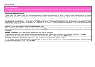 Lenguaje musical.
Criterio de evaluación:
CE.3.12. Utilizar la escucha musical para indagar en las posibilidades del sonido de manera que sirvan como marco de referencia para creaciones propias y conjuntas
con una finalidad determinada.
Orientaciones y ejemplificaciones:
Con este criterio lo se pretende evaluar es la capacidad del alumnado en indagar en las posibilidades del sonido a través de escuchas intencionadas con una finalidad
determinada, de manera que le sirva como marco de referencia en sus propias creaciones individuales o conjuntas, desde un clima de cooperación, aceptación y
respeto; así como en el conocimiento y profundización de los elementos principales del lenguaje musical: melodía, ritmo, forma, matices y timbres.
Estos procesos deben desarrollarse a través de tareas globales que implique la investigación de las posibilidades sonoras de elementos diversos (teclado electrónico,
guitarra española, guitarra eléctrica,…), la distinción de los parámetros del sonido y el conocimiento de diferentes tipos de agrupaciones instrumentales en música
contemporánea. Tareas que desarrollen la comprensión de la transformación de la música a través de procedimientos electrónicos que les permita realizar sus propias
creaciones según sus intereses.
Objetivos del área para la etapa (relación con los objetivos de ciclo):
O.EA.2. Utilizar las posibilidades del sonido, la imagen y el movimiento como elementos de representación y comunicación para expresar ideas y sentimientos,
contribuyendo con ello al equilibrio afectivo y a la relación con los demás. (OC.3.)
Contenidos:
Bloque 4: “La escucha”: junto a cada contenido se especifica el curso en el que se trabajará.
4.1. Realización de audiciones activas para indagar sobre las posibilidades del sonido para que sirvan de referencia en las creaciones propias. (1º Y 2º curso)
4.2. Profundización de los principales elementos del lenguaje musical: melodía, ritmo, forma, matices y timbres. (1º Y 2º curso)
Indicadores (relación con competencias clave): junto a cada indicador se especifica el curso en el que se trabajará.
EA 3.12. Utiliza la escucha musical para indagar en las posibilidades del sonido de manera que sirvan como marco de referencia para creaciones propias y conjuntas
con una finalidad determinada.(CD, CEC). (1º Y 2º curso)
 