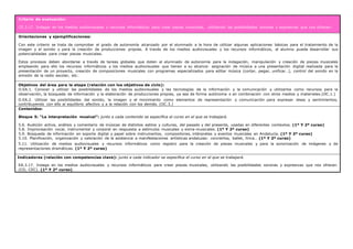 Criterio de evaluación:
CE.3.17. Indagar en los medios audiovisuales y recursos informáticos para crear piezas musicales, utilizando las posibilidades sonoras y expresivas que nos ofrecen.
Orientaciones y ejemplificaciones:
Con este criterio se trata de comprobar el grado de autonomía alcanzado por el alumnado a la hora de utilizar algunas aplicaciones básicas para el tratamiento de la
imagen y el sonido y para la creación de producciones propias. A través de los medios audiovisuales y los recursos informáticos, el alumno puede desarrollar sus
potencialidades para crear piezas musicales.
Estos procesos deben abordarse a través de tareas globales que doten al alumnado de autonomía para la indagación, manipulación y creación de piezas musicales
empleando para ello los recursos informáticos y los medios audiovisuales que tienen a su alcance: asignación de música a una presentación digital realizada para la
presentación de un proyecto, creación de composiciones musicales con programas especializados para editar música (cortar, pegar, unificar…), control del sonido en la
emisión de la radio escolar, etc.
Objetivos del área para la etapa (relación con los objetivos de ciclo):
O.EA.1. Conocer y utilizar las posibilidades de los medios audiovisuales y las tecnologías de la información y la comunicación y utilizarlos como recursos para la
observación, la búsqueda de información y la elaboración de producciones propias, ya sea de forma autónoma o en combinación con otros medios y materiales.(OC.1.)
O.EA.2. Utilizar las posibilidades del sonido, la imagen y el movimiento como elementos de representación y comunicación para expresar ideas y sentimientos,
contribuyendo con ello al equilibrio afectivo y a la relación con los demás. (OC.3.)
Contenidos:
Bloque 5: “La interpretación musical”: junto a cada contenido se especifica el curso en el que se trabajará.
5.6. Audición activa, análisis y comentario de músicas de distintos estilos y culturas, del pasado y del presente, usadas en diferentes contextos. (1º Y 2º curso)
5.8. Improvisación vocal, instrumental y corporal en respuesta a estímulos musicales y extra-musicales. (1º Y 2º curso)
5.9. Búsqueda de información en soporte digital y papel sobre instrumentos, compositores, intérpretes y eventos musicales en Andalucía. (1º Y 2º curso)
5.10. Planificación, organización y valoración de la asistencia a manifestaciones artísticas andaluzas: conciertos, ballet, lírica… (1º Y 2º curso)
5.11. Utilización de medios audiovisuales y recursos informáticos como registro para la creación de piezas musicales y para la sonorización de imágenes y de
representaciones dramáticas. (1º Y 2º curso)
Indicadores (relación con competencias clave): junto a cada indicador se especifica el curso en el que se trabajará.
EA.3.17. Indaga en los medios audiovisuales y recursos informáticos para crear piezas musicales, utilizando las posibilidades sonoras y expresivas que nos ofrecen.
(CD, CEC). (1º Y 2º curso)
 