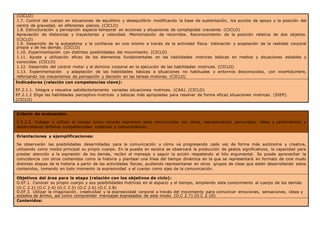 (CICLO)
1.7. Control del cuerpo en situaciones de equilibrio y desequilibrio modificando la base de sustentación, los puntos de apoyo y la posición del
centro de gravedad, en diferentes planos. (CICLO)
1.8. Estructuración y percepción espacio-temporal en acciones y situaciones de complejidad creciente. (CICLO)
Apreciación de distancias y trayectorias y velocidad. Memorización de recorridos. Reconocimiento de la posición relativa de dos objetos.
(CICLO)
1.9. Desarrollo de la autoestima y la confianza en uno mismo a través de la actividad física. Valoración y aceptación de la realidad corporal
propia y de los demás. (CICLO)
1.10. Experimentación con distintas posibilidades del movimiento. (CICLO)
1.11. Ajuste y utilización eficaz de los elementos fundamentales en las habilidades motrices básicas en medios y situaciones estables y
conocidas. (CICLO)
1.12. Desarrollo del control motor y el dominio corporal en la ejecución de las habilidades motrices. (CICLO)
1.13. Experimentación y adaptación de las habilidades básicas a situaciones no habituales y entornos desconocidos, con incertidumbre,
reforzando los mecanismos de percepción y decisión en las tareas motoras. (CICLO)
Indicadores (relación con competencias clave):
EF.2.1.1. Integra y resuelve satisfactoriamente variadas situaciones motrices. (CAA). (CICLO)
EF.2.1.2 Elige las habilidades perceptivo-motrices y básicas más apropiadas para resolver de forma eficaz situaciones motrices. (SIEP).
(CICLO)
Criterio de evaluación:
C.E.2.2. Indagar y utilizar el cuerpo como recurso expresivo para comunicarse con otros, representando personajes, ideas y sentimientos y
desarrollando ámbitos competenciales creativos y comunicativos.
Orientaciones y ejemplificaciones:
Se observarán las posibilidades desarrolladas para la comunicación y cómo va progresando cada vez de forma más autónoma y creativa,
utilizando como medio principal su propio cuerpo. En la puesta en escena se observará la producción de gestos significativos, la capacidad para
prestar atención a la expresión de los demás, recibir el mensaje y seguir la acción respetando el hilo argumental. Se puede aprovechar la
coincidencia con otros contenidos como la historia y plantear una línea del tiempo dinámica en la que se representará en formato de cine mudo
distintas etapas de la historia a partir de las actividades físicas, pudiendo representarse en otros grupos de clase que estén desarrollando estos
contenidos, tomando en todo momento la expresividad y el cuerpo como ejes de la comunicación.
Objetivos del área para la etapa (relación con los objetivos de ciclo):
O.EF.1. Conocer su propio cuerpo y sus posibilidades motrices en el espacio y el tiempo, ampliando este conocimiento al cuerpo de los demás.
(O.C 2.2) (O.C 2.4) (O.C 2.5) (O.C 2.6) (O.C 2.8)
O.EF.3. Utilizar la imaginación, creatividad y la expresividad corporal a través del movimiento para comunicar emociones, sensaciones, ideas y
estados de ánimo, así como comprender mensajes expresados de este modo. (O.C 2.7) (O.C 2.10)
Contenidos:
 