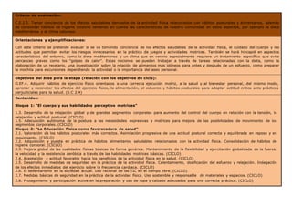Criterio de evaluación:
C.E.2.5. Tomar conciencia de los efectos saludables derivados de la actividad física relacionados con hábitos posturales y alimentarios, además
de consolidar hábitos de higiene corporal teniendo en cuenta las características de nuestra comunidad en estos aspectos, por ejemplo la dieta
mediterránea y el clima caluroso.
Orientaciones y ejemplificaciones:
Con este criterio se pretende evaluar si se va tomando conciencia de los efectos saludables de la actividad física, el cuidado del cuerpo y las
actitudes que permitan evitar los riesgos innecesarios en la práctica de juegos y actividades motrices. También se hará hincapié en aspectos
característicos del entorno, como la dieta mediterránea y un clima que en verano especialmente requiere un tratamiento específico que evite
percances graves como los “golpes de calor”. Estas nociones se pueden trabajar a través de tareas relacionadas con la dieta, como la
elaboración de un recetario, una investigación sobre la relación de alimentos más idóneos para antes y después de un esfuerzo, cómo preparar
la mochila para excursiones dependiendo la actividad o la importancia del aseo personal.
Objetivos del área para la etapa (relación con los objetivos de ciclo):
O.EF.4. Adquirir hábitos de ejercicio físico orientados a una correcta ejecución motriz, a la salud y al bienestar personal, del mismo modo,
apreciar y reconocer los efectos del ejercicio físico, la alimentación, el esfuerzo y hábitos posturales para adoptar actitud crítica ante prácticas
perjudiciales para la salud. (0.C 2.4)
Contenidos:
Bloque 1: “El cuerpo y sus habilidades perceptivo motrices”
1.3. Desarrollo de la relajación global y de grandes segmentos corporales para aumento del control del cuerpo en relación con la tensión, la
relajación y actitud postural. (CICLO)
1.5. Adecuación autónoma de la postura a las necesidades expresivas y motrices para mejora de las posibilidades de movimiento de los
segmentos corporales. (CICLO)
Bloque 2: “La Educación Física como favorecedora de salud”
2.1. Valoración de los hábitos posturales más correctos. Asimilación progresiva de una actitud postural correcta y equilibrada en reposo y en
movimiento. (CICLO)
2.2. Adquisición y puesta en práctica de hábitos alimentarios saludables relacionados con la actividad física. Consolidación de hábitos de
higiene corporal. (CICLO)
2.3. Mejora global de las cualidades físicas básicas de forma genérica. Mantenimiento de la flexibilidad y ejercitación globalizada de la fuerza,
la velocidad y la resistencia aeróbica a través de las habilidades motrices básicas. (CICLO)
2.4. Aceptación y actitud favorable hacia los beneficios de la actividad física en la salud. (CICLO)
2.5. Desarrollo de medidas de seguridad en la práctica de la actividad física. Calentamiento, dosificación del esfuerzo y relajación. Indagación
de los efectos inmediatos del ejercicio sobre la frecuencia cardiaca. (CICLO)
2.6. El sedentarismo en la sociedad actual. Uso racional de las TIC en el tiempo libre. (CICLO)
2.7. Medidas básicas de seguridad en la práctica de la actividad física. Uso sostenible y responsable de materiales y espacios. (CICLO)
2.8. Protagonismo y participación activa en la preparación y uso de ropa y calzado adecuados para una correcta práctica. (CICLO)
 