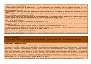 1.3. Desarrollo de la relajación global y de grandes segmentos corporales para aumento del control del cuerpo en relación con la tensión, la
relajación y actitud postural. (CICLO)
1.4. Conocimiento e indagación de las fases, los tipos y los ritmos respiratorios, para su progresivo control en diferentes actividades. (CICLO)
1.5. Adecuación autónoma de la postura a las necesidades expresivas y motrices para mejora de las posibilidades de movimiento de los
segmentos corporales. (CICLO)
1.6. Consolidación y abstracción básica de la lateralidad y su proyección en el espacio. Aprecio eficaz de la derecha y la izquierda en los demás.
(CICLO)
1.7. Control del cuerpo en situaciones de equilibrio y desequilibrio modificando la base de sustentación, los puntos de apoyo y la posición del
centro de gravedad, en diferentes planos. (CICLO)
1.8. Estructuración y percepción espacio-temporal en acciones y situaciones de complejidad creciente. Apreciación de distancias, trayectorias y
velocidad. Memorización de recorridos. Reconocimiento de la posición relativa de dos objetos. (CICLO)
1.9. Desarrollo de la autoestima y la confianza en uno mismo a través de la actividad física. Valoración y aceptación de la realidad corporal
propia y de los demás. (CICLO)
1.10. Experimentación con distintas posibilidades del movimiento. (CICLO)
1.11. Ajuste y utilización eficaz de los elementos fundamentales en las habilidades motrices básicas en medios y situaciones estables y
conocidas. (CICLO)
1.12. Desarrollo del control motor y el dominio corporal en la ejecución de las habilidades motrices. (CICLO)
1.13. Experimentación y adaptación de las habilidades básicas a situaciones no habituales y entornos desconocidos, con incertidumbre,
reforzando los mecanismos de percepción y decisión en las tareas motoras. (CICLO)
Indicadores (relación con competencias clave):
EF.2.7.1. Valora y acepta la propia realidad corporal y la delas otras personas desde una perspectiva respetuosa que favorezca relaciones
constructivas. (CSYC). (CICLO)
Criterio de evaluación:
C.E.2.8. Valorar la diversidad de actividades físicas, lúdicas, deportivas y artísticas, creando gustos y aficiones personales hacia ellas,
practicándolas tanto dentro como fuera de la escuela y en el entorno más cercano.
Orientaciones y ejemplificaciones:
Se hará ver la necesidad de aprovechar el tiempo libre con actividades físicas, de la misma forma que se practican juegos, deportes y otras
actividades en la escuela. Para ello es importante adquirir un amplio conocimiento de juegos, actividades físicas, deportivas y artísticas para
llevar a cabo y practicarlas tanto en entornos habituales (colegio, calle, plaza, comunidad de vecinos, edificio…) como no habituales (salida a
otra localidad, excursión a un parque, visita a castillos de psicomotricidad…), teniendo en cuenta además la posibilidad de realizarlas en el
medio natural (merendero, campo, reservas…). Se valora el interés y apoyo del juego como medio de disfrute, de relación y de empleo del
tiempo libre. Este conocimiento de variedad de juegos y actividades se puede adquirir a través de tareas como concursos de preguntas, la
elaboración de guías o presentaciones y propuestas en las que se recojan las diferentes actividades a realizar en el tiempo libre.
Objetivos del área para la etapa (relación con los objetivos de ciclo):
O.EF.6. Conocer y valorar la diversidad de actividades físicas, lúdicas, deportivas y artísticas como propuesta al tiempo de ocio y forma de
 