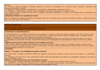 (CICLO)
4.6. Puesta en práctica de juegos y actividades deportivas en entornos no habituales o en el entorno natural. Iniciación y exploración del
deporte de orientación. (CICLO)
4.7. Respeto del medio ambiente y sensibilización por su cuidado y mantenimiento sostenible. (CICLO)
4.8. Aceptación y respeto hacia las normas, reglas, estrategias y personas que participan en el juego. (CICLO)
4.10. Aceptación de formar parte del grupo que le corresponda, del papel a desempeñar en el grupo y del resultado de las competiciones con
deportividad. (CICLO)
Indicadores (relación con competencias clave):
EF.3.4.1. Relaciona los conceptos específicos de educación física con los de otras áreas al practicar actividades motrices y artístico-expresivas.
(CCL, CMT, CAA, CSYC, CEC). (CICLO)
Criterio de evaluación:
C.E.3.5 Reconocer e interiorizar los efectos beneficiosos de la actividad física en la salud y valorar la importancia de una alimentación sana,
hábitos posturales correctos y una higiene corporal responsable.
Orientaciones y ejemplificaciones:
Es importante saber si se establecen relaciones entre lo aprendido y la puesta en práctica de hábitos saludables y para ello se pueden utilizar
estos elementos curriculares. Se tendrá en cuenta la predisposición a realizar ejercicio físico evitando el sedentarismo, a mantener posturas
correctas, a alimentarse de manera equilibrada y a asearse correctamente.
A través de un mural, expuesto en el aula, se pueden puntuar los hábitos saludables que se practican a lo largo de la semana (me siento
correctamente en la silla, ayer comí fruta, traigo la bolsa de aseo, por la tarde jugué en la calle, después de jugar me lavo la cara y manos,
etc.).
Objetivos del área para la etapa (relación con los objetivos de ciclo):
O.EF.4. Adquirir hábitos de ejercicio físico orientados a una correcta ejecución motriz, a la salud y al bienestar personal, del mismo modo,
apreciar y reconocer los efectos del ejercicio físico, la alimentación, el esfuerzo y hábitos posturales para adoptar actitud crítica ante prácticas
perjudiciales para la salud. (0.C 3.1) (0.C 3.2)
Contenidos:
Bloque 1: “El cuerpo y sus habilidades perceptivo motrices”
1.2. Conocimiento y puesta en marcha de técnicas de relajación para toma de conciencia y control del cuerpo en reposo y en movimiento.
(CICLO)
1.3. Adaptación del control tónico y de la respiración al control motor para adecuación de la postura a las necesidades expresivas y motrices de
forma equilibrada. (CICLO)
Bloque 2: “La Educación Física como favorecedora de salud”
2.1. Consolidación de hábitos posturales y alimentarios saludables y autonomía en la higiene corporal. (CICLO)
2.2. Valoración de los efectos de la actividad física en la salud y el bienestar. Reconocimiento de los efectos beneficiosos de la actividad física
en la salud y el bienestar e identificación de las prácticas poco saludables. (CICLO)
 
