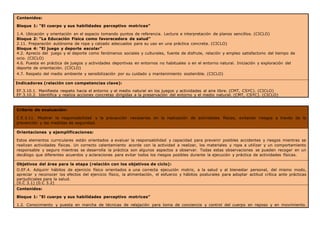 Contenidos:
Bloque 1: “El cuerpo y sus habilidades perceptivo motrices”
1.4. Ubicación y orientación en el espacio tomando puntos de referencia. Lectura e interpretación de planos sencillos. (CICLO)
Bloque 2: “La Educación Física como favorecedora de salud”
2.11. Preparación autónoma de ropa y calzado adecuados para su uso en una práctica concreta. (CICLO)
Bloque 4: “El juego y deporte escolar”
4.2. Aprecio del juego y el deporte como fenómenos sociales y culturales, fuente de disfrute, relación y empleo satisfactorio del tiempo de
ocio. (CICLO)
4.6. Puesta en práctica de juegos y actividades deportivas en entornos no habituales o en el entorno natural. Iniciación y exploración del
deporte de orientación. (CICLO)
4.7. Respeto del medio ambiente y sensibilización por su cuidado y mantenimiento sostenible. (CICLO)
Indicadores (relación con competencias clave):
EF.3.10.1. Manifiesta respeto hacia el entorno y el medio natural en los juegos y actividades al aire libre. (CMT, CSYC). (CICLO)
EF.3.10.2. Identifica y realiza acciones concretas dirigidas a la preservación del entorno y el medio natural. (CMT, CSYC). (CICLO)
Criterio de evaluación:
C.E.3.11. Mostrar la responsabilidad y la precaución necesarias en la realización de actividades físicas, evitando riesgos a través de la
prevención y las medidas de seguridad.
Orientaciones y ejemplificaciones:
Estos elementos curriculares están orientados a evaluar la responsabilidad y capacidad para prevenir posibles accidentes y riesgos mientras se
realizan actividades físicas. Un correcto calentamiento acorde con la actividad a realizar, los materiales y ropa a utilizar y un comportamiento
responsable y seguro mientras se desarrolla la práctica son algunos aspectos a observar. Todas estas observaciones se pueden recoger en un
decálogo que diferentes acuerdos y aclaraciones para evitar todos los riesgos posibles durante la ejecución y práctica de actividades físicas.
Objetivos del área para la etapa (relación con los objetivos de ciclo):
O.EF.4. Adquirir hábitos de ejercicio físico orientados a una correcta ejecución motriz, a la salud y al bienestar personal, del mismo modo,
apreciar y reconocer los efectos del ejercicio físico, la alimentación, el esfuerzo y hábitos posturales para adoptar actitud crítica ante prácticas
perjudiciales para la salud.
(0.C 3.1) (0.C 3.2)
Contenidos:
Bloque 1: “El cuerpo y sus habilidades perceptivo motrices”
1.2. Conocimiento y puesta en marcha de técnicas de relajación para toma de conciencia y control del cuerpo en reposo y en movimiento.
 