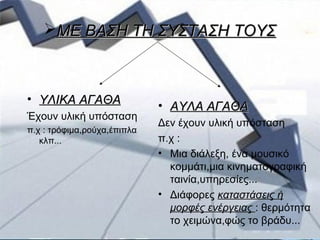 ΜΕ ΒΑΣΗ ΤΗ ΣΥΣΤΑΣΗ ΤΟΥΣΜΕ ΒΑΣΗ ΤΗ ΣΥΣΤΑΣΗ ΤΟΥΣ
• ΥΛΙΚΑ ΑΓΑΘΑΥΛΙΚΑ ΑΓΑΘΑ
Έχουν υλική υπόσταση
π.χ : τρόφιμα,ρούχα,έπιπλα
κλπ...
• ΑΥΛΑ ΑΓΑΘΑΑΥΛΑ ΑΓΑΘΑ
Δεν έχουν υλική υπόσταση
π.χ :
• Μια διάλεξη, ένα μουσικό
κομμάτι,μια κινηματογραφική
ταινία,υπηρεσίες...
• Διάφορες καταστάσεις ή
μορφές ενέργειας : θερμότητα
το χειμώνα,φώς το βράδυ...
 