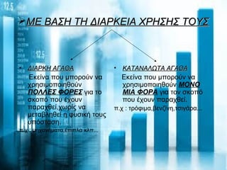 ΜΕ ΒΑΣΗ ΤΗ ΔΙΑΡΚΕΙΑ ΧΡΗΣΗΣ ΤΟΥΣΜΕ ΒΑΣΗ ΤΗ ΔΙΑΡΚΕΙΑ ΧΡΗΣΗΣ ΤΟΥΣ
• ΔΙΑΡΚΗ ΑΓΑΘΑΔΙΑΡΚΗ ΑΓΑΘΑ
Εκείνα που μπορούν να
χρησιμοποιηθούν
ΠΟΛΛΕΣ ΦΟΡΕΣ για το
σκοπό που έχουν
παραχθεί,χωρίς να
μεταβληθεί η φυσική τους
υπόσταση.
π.χ : μηχανήματα,έπιπλα κλπ...
• ΚΑΤΑΝΑΛΩΤΑ ΑΓΑΘΑΚΑΤΑΝΑΛΩΤΑ ΑΓΑΘΑ
Εκείνα που μπορούν να
χρησιμοποιηθούν ΜΟΝΟ
ΜΙΑ ΦΟΡΑ για τον σκοπό
που έχουν παραχθεί.
π.χ : τρόφιμα,βενζίνη,τσιγάρα...
 