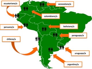argentino/a
uruguayo/a
ecuatoriano/a
peruano/a
chileno/a
boliviano/a
venezolano/a
colombiano/a
paraguayo/a
 