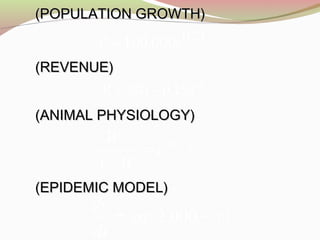 (REVENUE)(REVENUE)
215030 q.qR −=
t.
e,P 20
000100=
( )CtB
e
WA
W −
=
−
(POPULATION GROWTH)(POPULATION GROWTH)
(ANIMAL PHYSIOLOGY)(ANIMAL PHYSIOLOGY)
(EPIDEMIC MODEL)(EPIDEMIC MODEL)
( )y,py
dt
dy
−= 0002
 