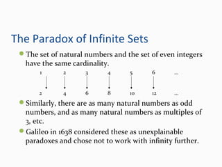 The Paradox of Infinite Sets
The set of natural numbers and the set of even integers
have the same cardinality.
1 2 3 4 5 6 …
2 4 6 8 10 12 ...
Similarly, there are as many natural numbers as odd
numbers, and as many natural numbers as multiples of
3, etc.
Galileo in 1638 considered these as unexplainable
paradoxes and chose not to work with infinity further.
 