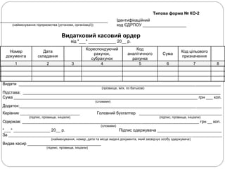 Типова форма № КО-2
________________________________________________
(найменування підприємства (установи, організації))
Ідентифікаційний
код ЄДРПОУ ___________________
Видатковий касовий ордер
від "___" ____________ 20__ р.
Номер
документа
Дата
складання
Кореспондуючий
рахунок,
субрахунок
Код
аналітичного
рахунка
Сума
Код цільового
призначення
1 2 3 4 5 6 7 8
Видати ________________________________________________________________________________________
(прізвище, ім'я, по батькові)
Підстава: ______________________________________________________________________________________
Сума ________________________________________________________________________________ грн ___ коп.
(словами)
Додаток:________________________________________________________________________________________
Керівник __________________________ Головний бухгалтер ____________________________________
(підпис, прізвище, ініціали) (підпис, прізвище, ініціали)
Одержав: _____________________________________________________________________________ грн __ коп.
(словами)
"___" ________________ 20__ р. Підпис одержувача ____________________________
За _____________________________________________________________________________________________
(найменування, номер, дата та місце видачі документа, який засвідчує особу одержувача)
Видав касир ________________________________
(підпис, прізвище, ініціали)
 